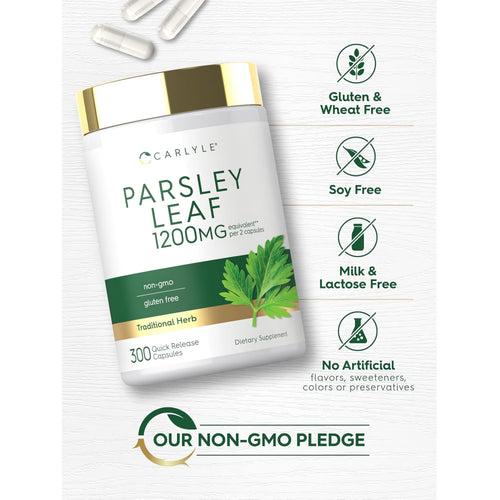 View 5 Parsley Leaf bottle with icons indicating Gluten & Wheat Free, Soy Free, Milk & Lactose Free, No Artificial flavors, Non-GMO.