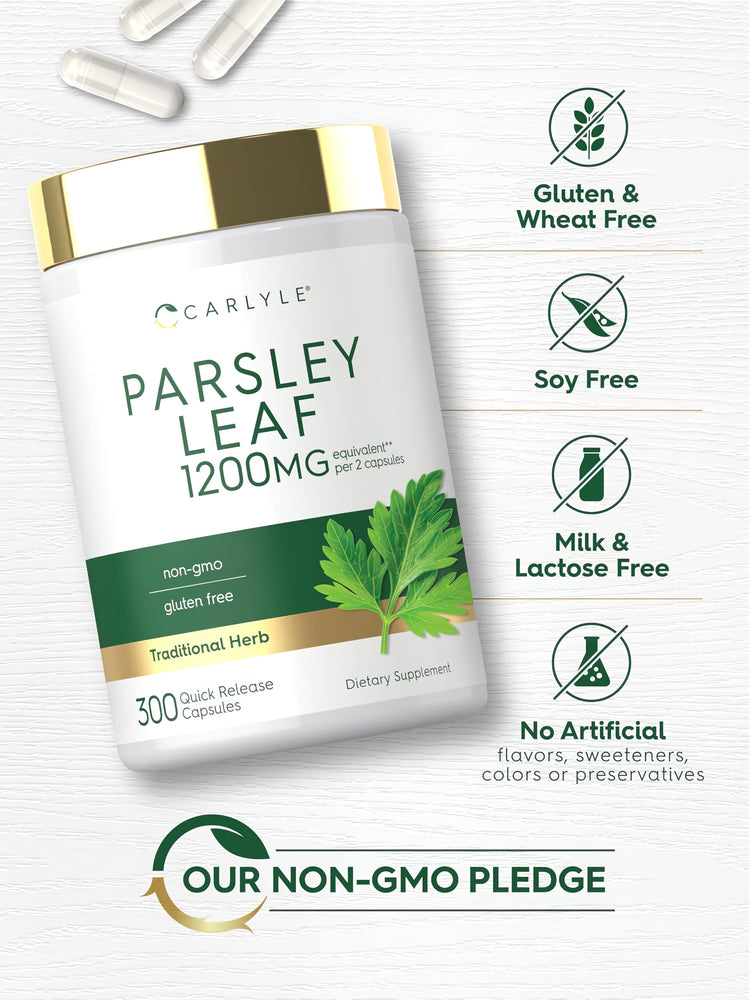 Parsley Leaf bottle with icons indicating Gluten & Wheat Free, Soy Free, Milk & Lactose Free, No Artificial flavors, Non-GMO.