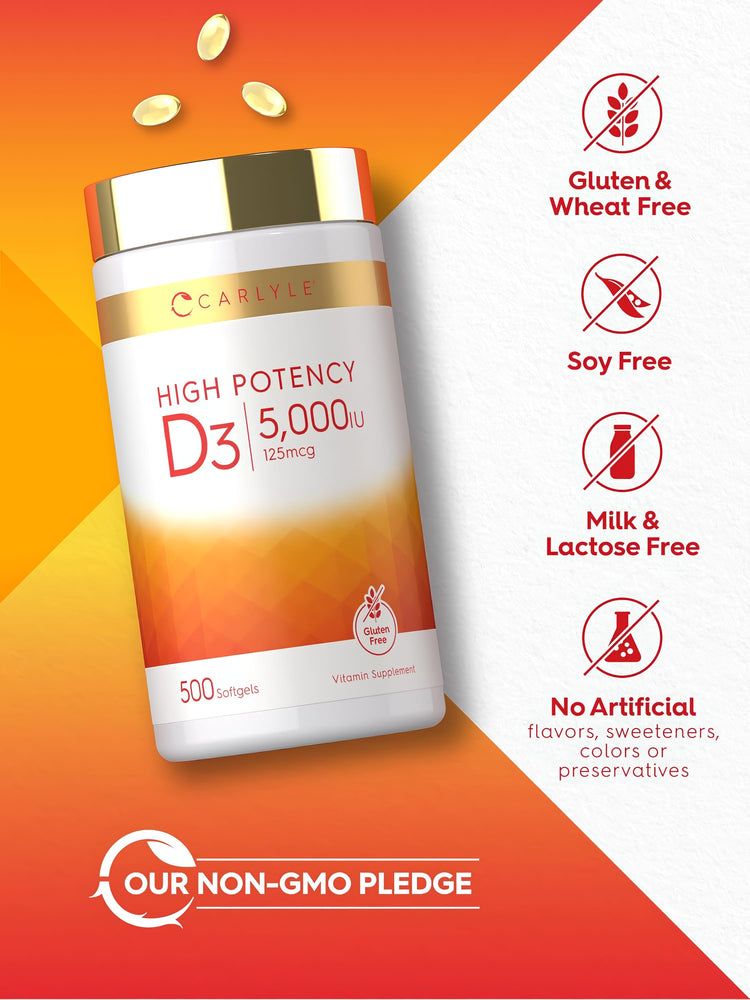 D3 bottle with icons indicating Gluten & Wheat Free, Soy Free, Milk & Lactose Free, No Artificial Flavors, Gluten Free, Non-GMO.