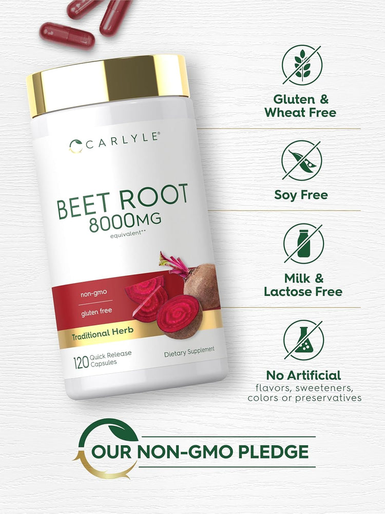 Beet Root bottle: Gluten & Wheat Free, Soy Free, Milk & Lactose Free, No Artificial Flavors/Sweeteners/Colors/Preservatives, Non-GMO