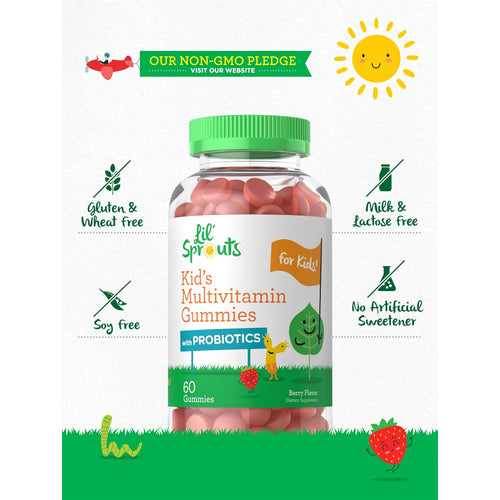View 5 Kid's Multivitamin Gummies bottle with icons indicating gluten, wheat, soy, milk, and lactose free, non-GMO, no artificial sweetener.