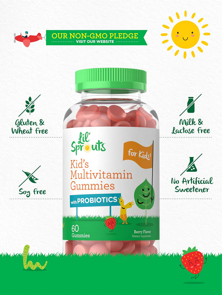 Kid's Multivitamin Gummies bottle with icons indicating gluten, wheat, soy, milk, and lactose free, non-GMO, no artificial sweetener.