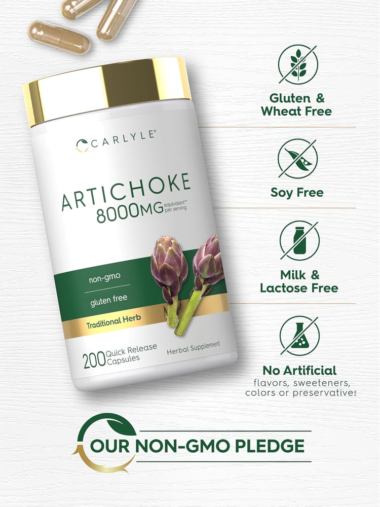 Artichoke bottle with icons indicating gluten & wheat free, soy free, milk & lactose free, no artificial flavors, non-GMO.