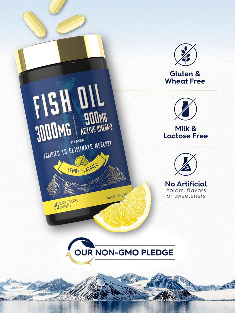 Fish Oil bottle with icons indicating gluten, wheat, milk, lactose free, no artificial colors, flavors, sweeteners, non-GMO.