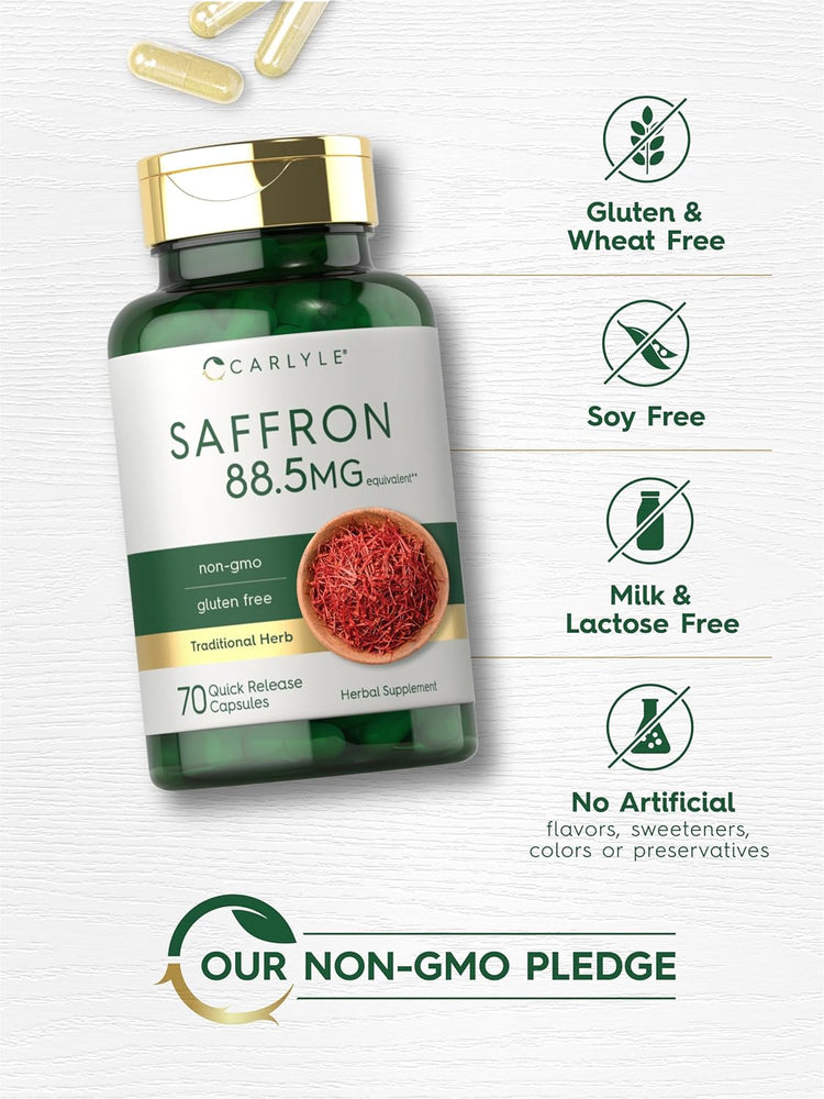 Saffron bottle: Gluten & Wheat Free, Soy Free, Milk & Lactose Free, No Artificial Flavors/Sweeteners/Colors/Preservatives, Non-GMO