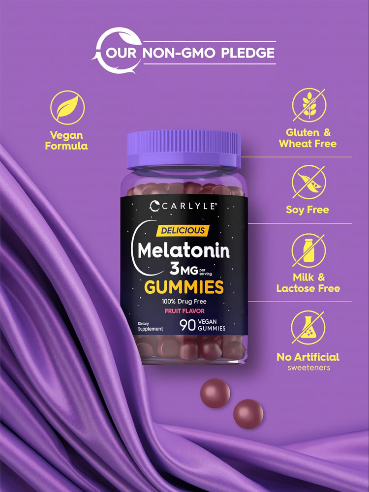 Melatonin Gummies bottle: Our Non-GMO Pledge, Vegan Formula, Gluten & Wheat Free, Soy Free, Milk & Lactose Free, No Artificial sweeteners