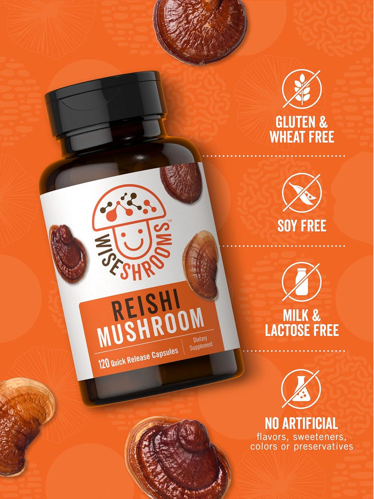 Reishi Mushroom bottle: Gluten & Wheat Free, Soy Free, Milk & Lactose Free, No Artificial Flavors/Sweeteners/Colors/Preservatives