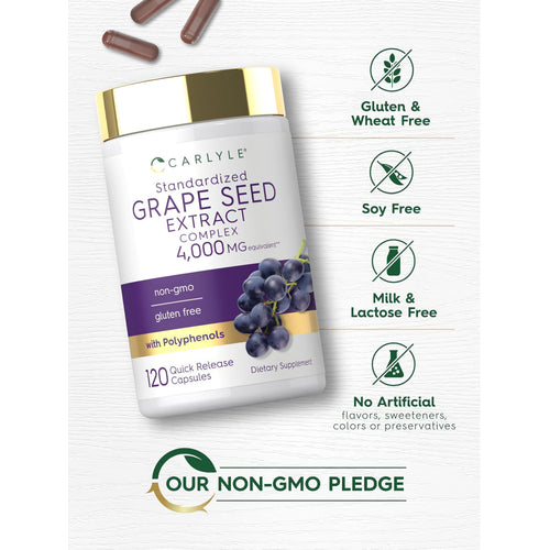 View 5 Carlyle Grapeseed bottle with icons indicating Gluten & Wheat Free, Soy Free, Milk & Lactose Free, Non-GMO, No Artificial Additives