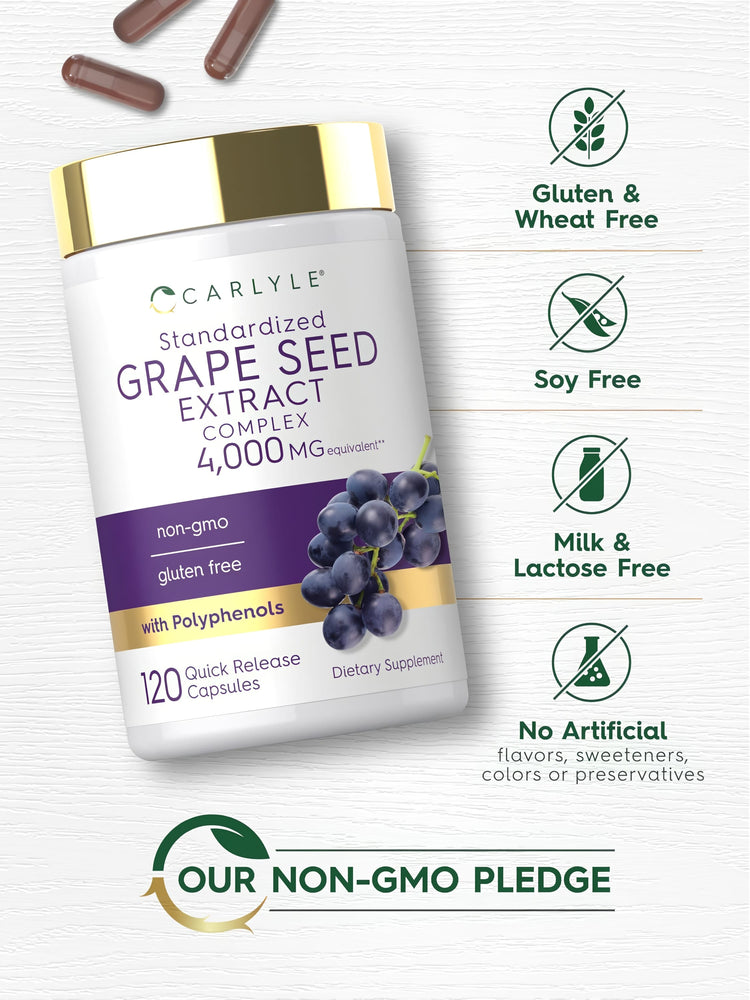 Carlyle Grapeseed bottle with icons indicating Gluten & Wheat Free, Soy Free, Milk & Lactose Free, Non-GMO, No Artificial Additives