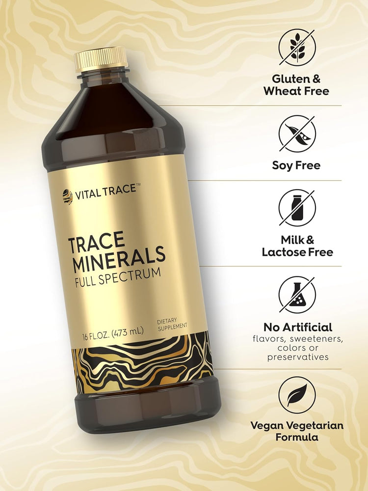 Trace Minerals bottle: Gluten & Wheat Free, Soy Free, Milk & Lactose Free, No Artificial Flavors/Sweeteners/Colors/Preservatives, Vegan/Vegetarian Formula