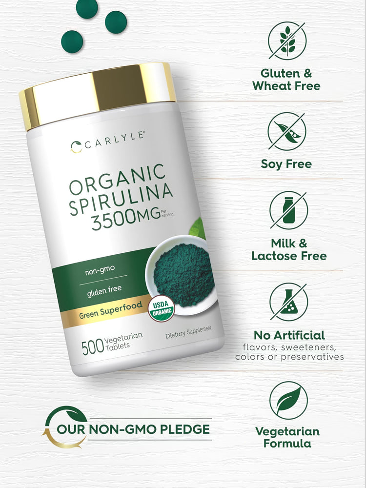 Carlyle Organic Spirulina, 3500MG per serving, includes 500 vegetarian tablets.