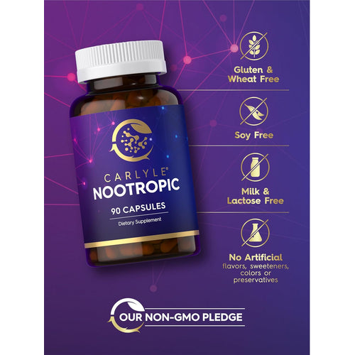 View 5 Carlyle Nootropic supplement, 90 capsules in a bottle, designed to support cognitive function and mental clarity.