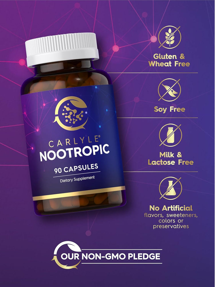Carlyle Nootropic supplement, 90 capsules in a bottle, designed to support cognitive function and mental clarity.