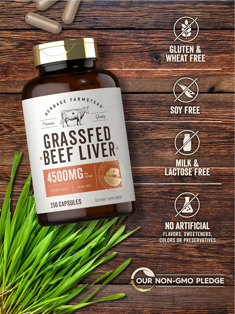 Grassfed Beef Liver dietary supplement with 4500mg per serving, 250 capsules.