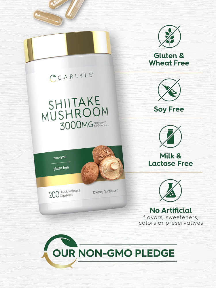 Shiitake Mushroom bottle with icons indicating gluten, wheat, soy, milk, lactose free, no artificial flavors, and non-GMO.