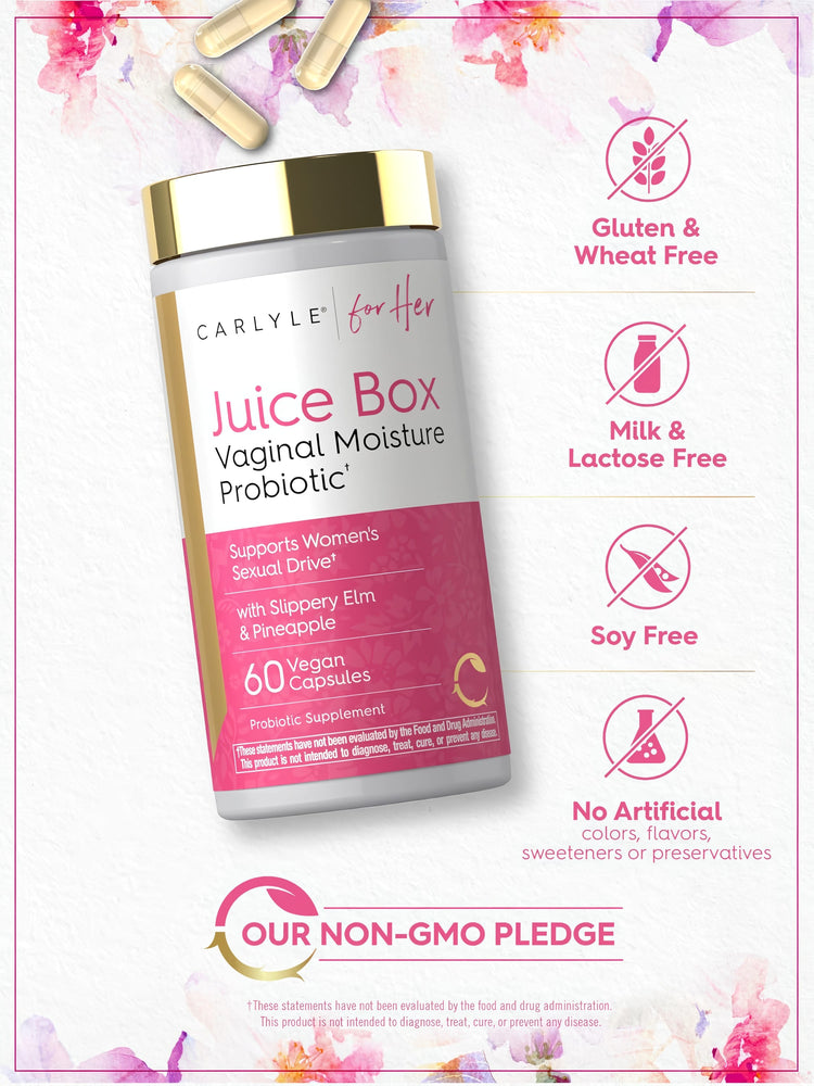 Juice Box Vaginal Moisture bottle with icons indicating Gluten & Wheat Free, Milk & Lactose Free, Soy Free, Non-GMO, No Artificial Additives.