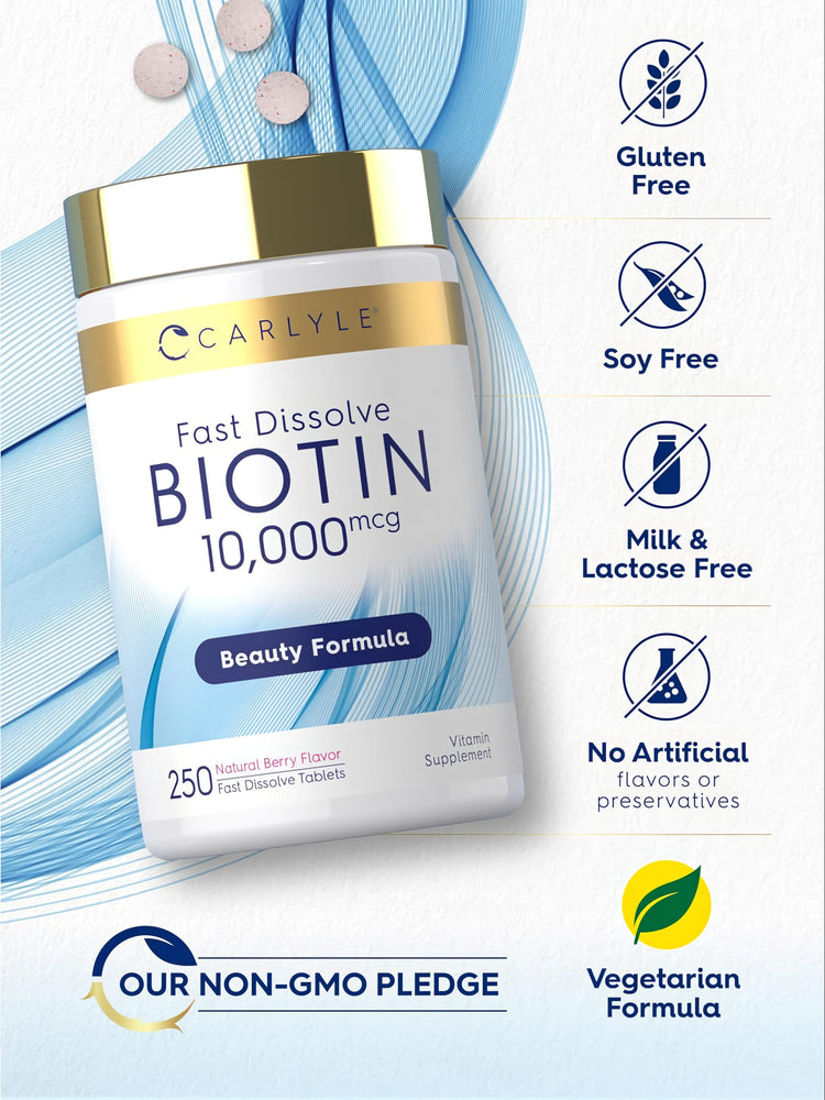 Biotin bottle: Gluten Free, Soy Free, Milk & Lactose Free, No Artificial Flavors/Preservatives, Vegetarian Formula, OUR NON-GMO PLEDGE