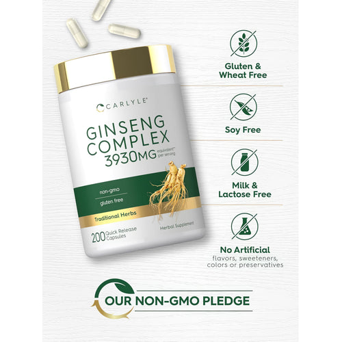 View 5 Ginseng Complex bottle with icons indicating Gluten, Wheat, Soy, Milk, and Lactose Free; No Artificial Flavors, Sweeteners, Colors, Preservatives; Non-GMO.