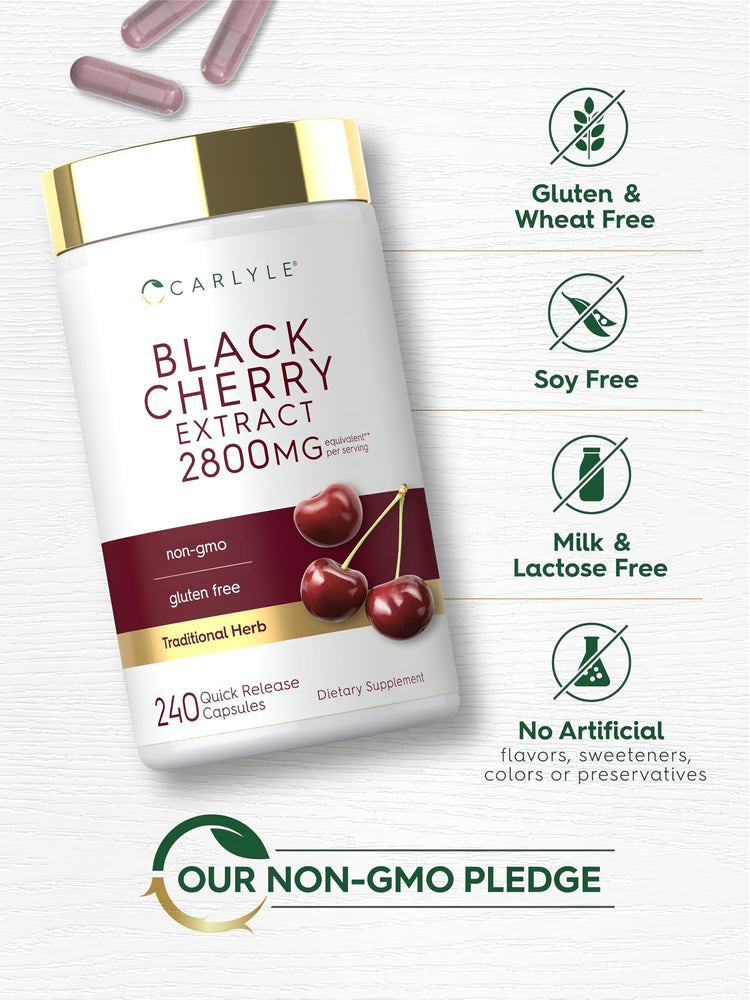 Black Cherry bottle with icons indicating Gluten & Wheat Free, Soy Free, Milk & Lactose Free, No Artificial Flavors, Non-GMO.