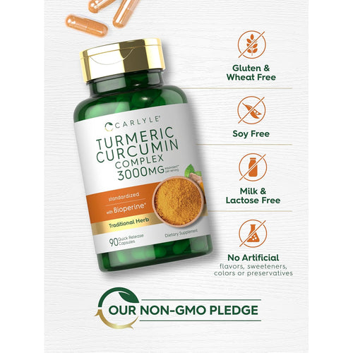 View 5 Turmeric Curcumin bottle: Gluten & Wheat Free, Soy Free, Milk & Lactose Free, No Artificial Flavors/Sweeteners/Colors/Preservatives, Non-GMO