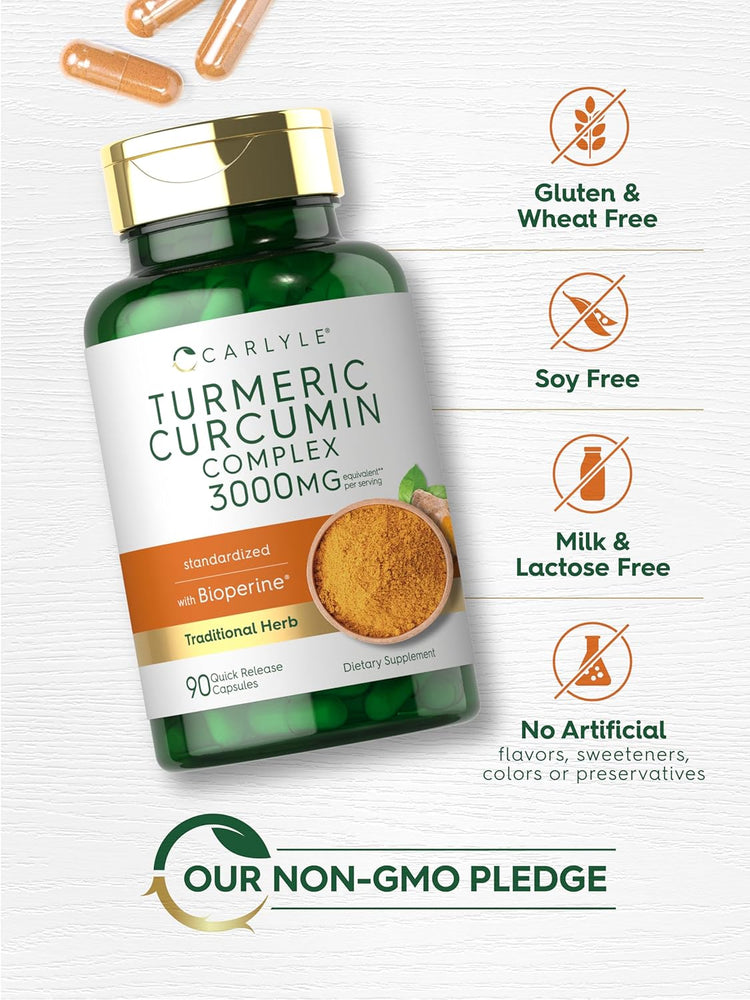Turmeric Curcumin bottle: Gluten & Wheat Free, Soy Free, Milk & Lactose Free, No Artificial Flavors/Sweeteners/Colors/Preservatives, Non-GMO