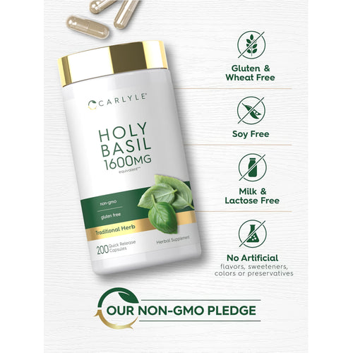View 5 Holy Basil bottle with icons indicating Gluten Free, Soy Free, Lactose Free, No Artificial Flavors, Non-GMO, No Preservatives.
