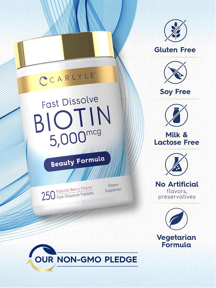 Biotin bottle with icons indicating gluten free, soy free, milk free, lactose free, no artificial flavors, vegetarian, non-GMO.