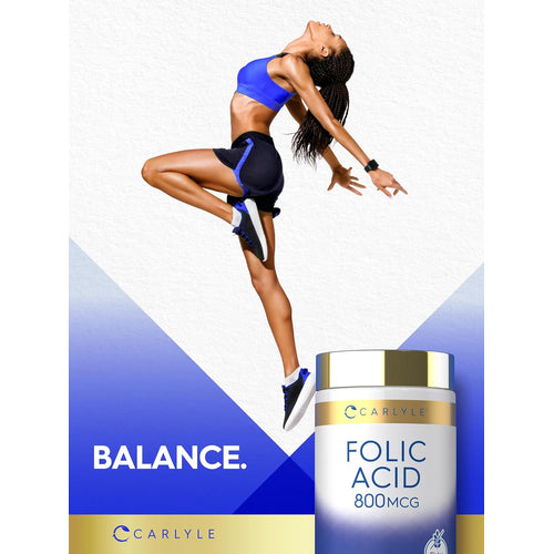 View 6 A young woman in athletic wear jumps gracefully next to a Carlyle Folic Acid bottle, showcasing balance and energy.