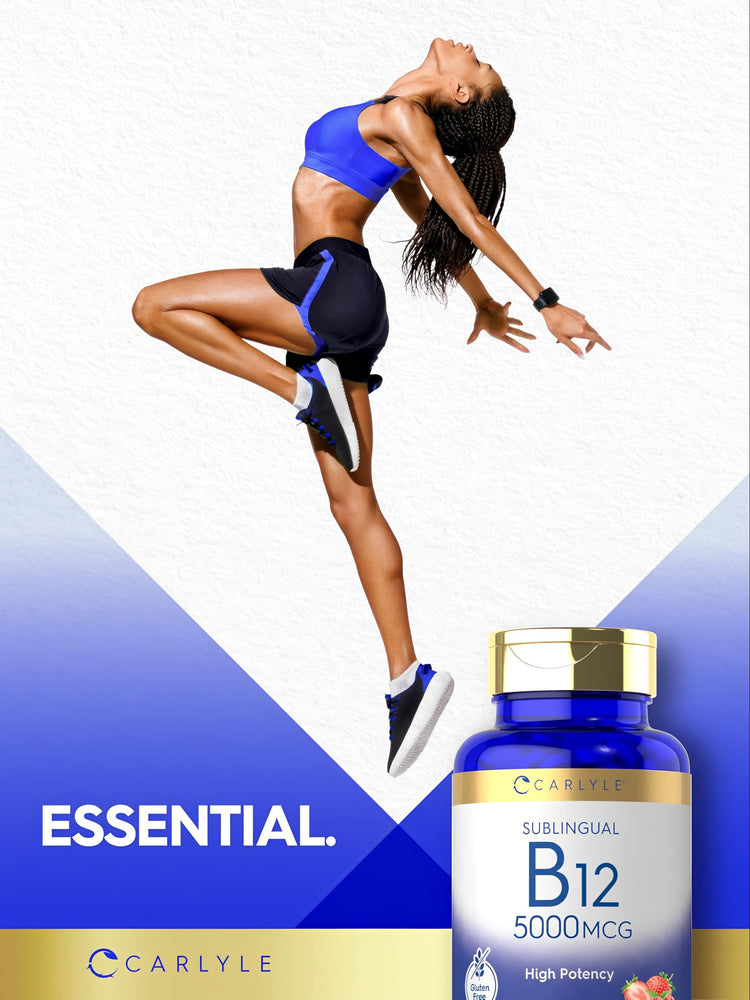 Adult woman in athletic pose jumping beside a Carlyle Sublingual B-12 bottle.