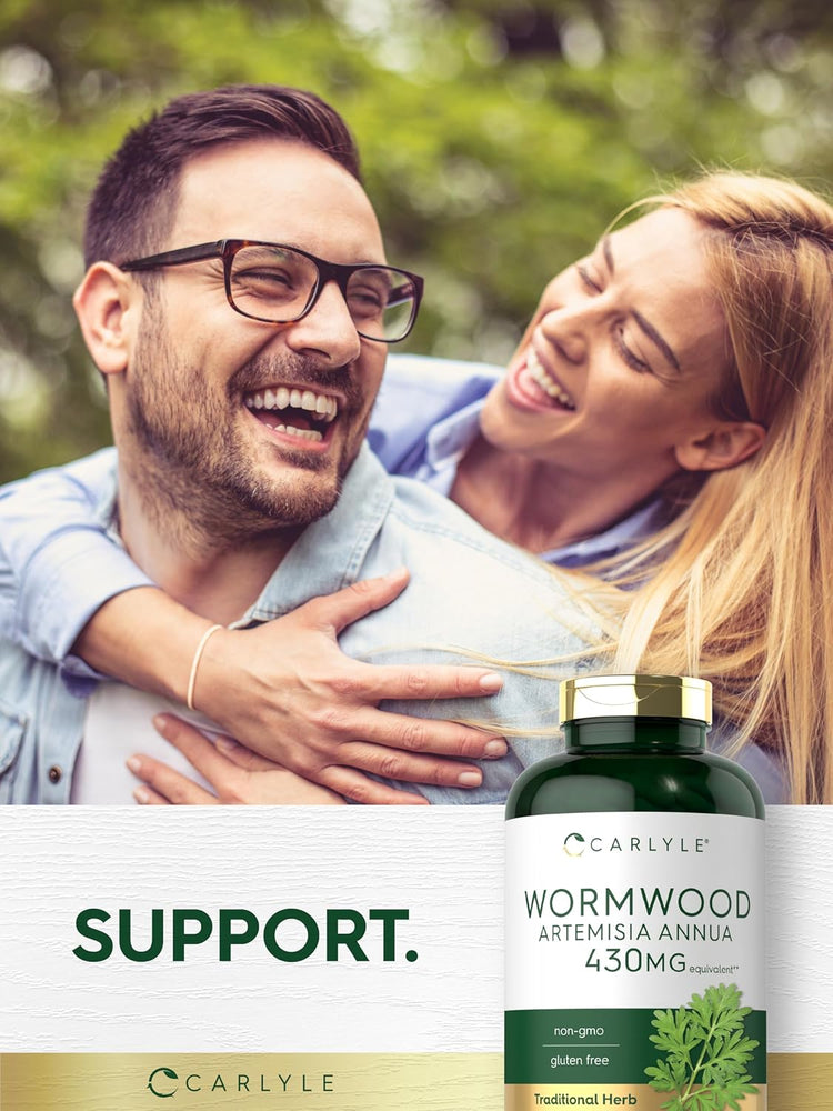 Carlyle Wormwood Artemisia Annua 430MG equivalent capsules bottle with non-gmo, gluten free, and Traditional Herb labels.