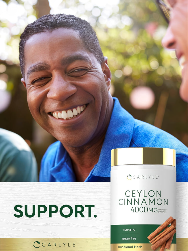 Carlyle Ceylon Cinnamon 4000mg bottle with 'non-gmo', 'gluten free', 'Traditional Herb' labels. Text 'SUPPORT.' and a smiling man.