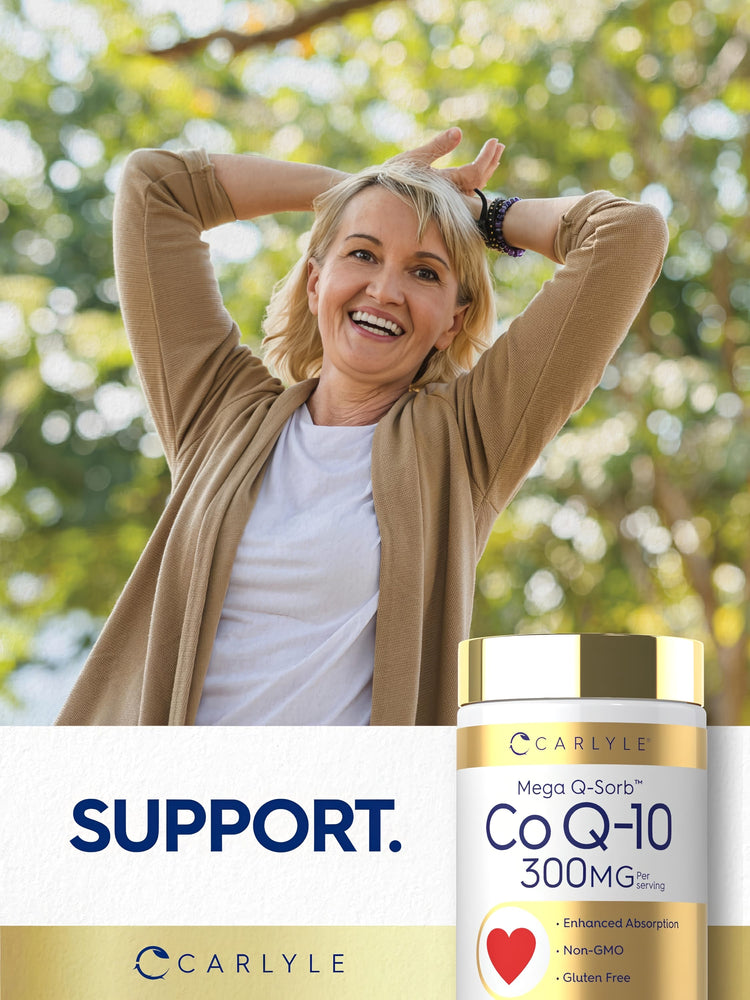 Carlyle Mega Q-Sorb CoQ10 300MG bottle shown with a smiling woman and the word 'SUPPORT' displayed.