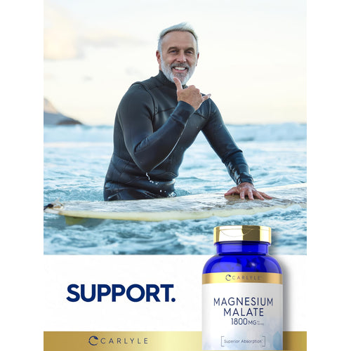 View 6 Older man surfing, giving a shaka sign, with a bottle of Carlyle Magnesium Malate and 'SUPPORT' text visible.