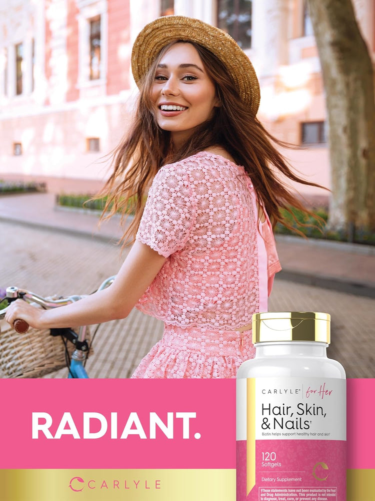 Carlyle for Her Hair, Skin, & Nails 120 Softgels bottle. A young woman smiles while riding a bicycle in the background.