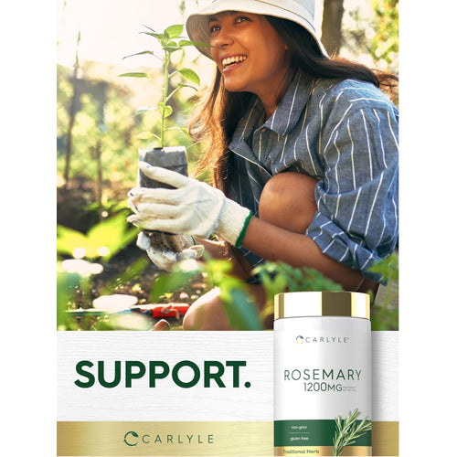 View 6 Young woman gardening with a small plant and a Carlyle Rosemary bottle nearby.