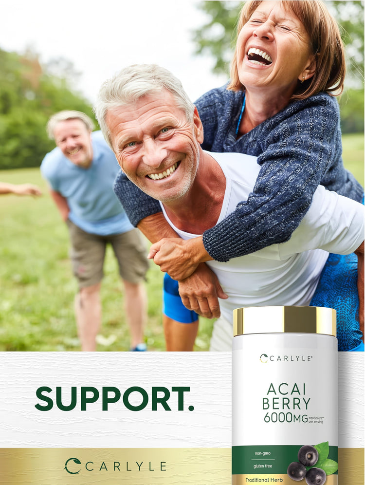 An elderly man gives a piggyback ride to an elderly woman, both smiling, next to an Acai Berry bottle.