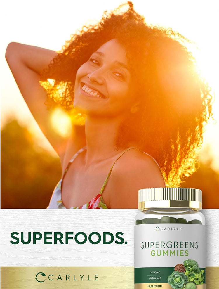 Carlyle Supergreens 50 Gummies bottle with a label showing non-GMO and gluten-free features.