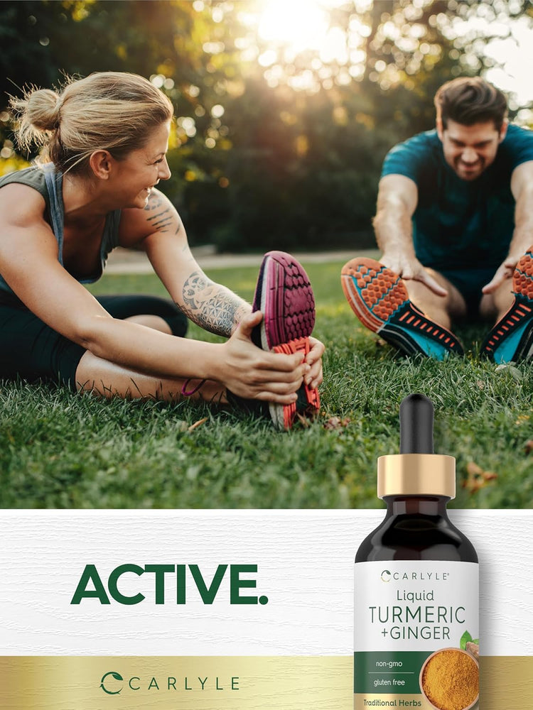 An adult man and woman stretching outdoors with the text 'ACTIVE.' and a Carlyle Liquid Turmeric + Ginger bottle visible.