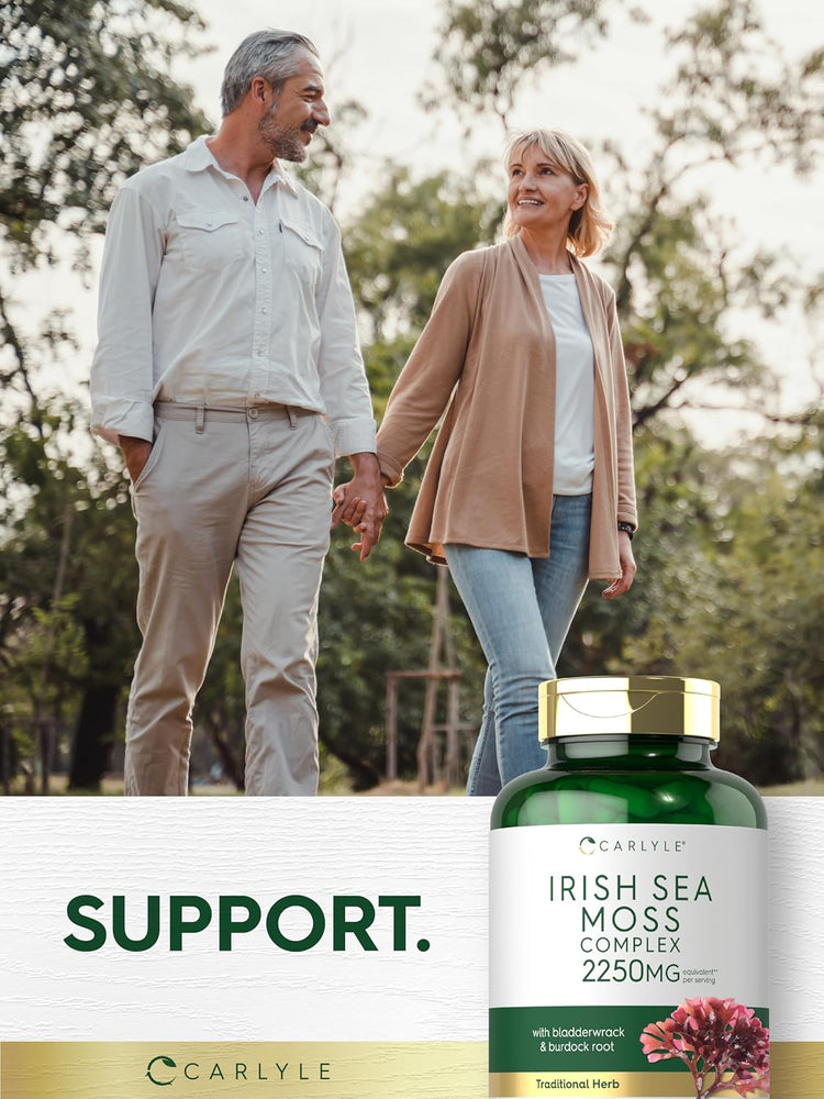 An older couple walks in the park holding hands, accompanied by an Irish Sea Moss Complex bottle.