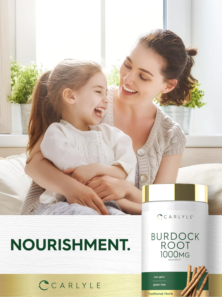 Mother and young daughter laughing and embracing next to a Carlyle Burdock Root bottle with the word 'NOURISHMENT' displayed.