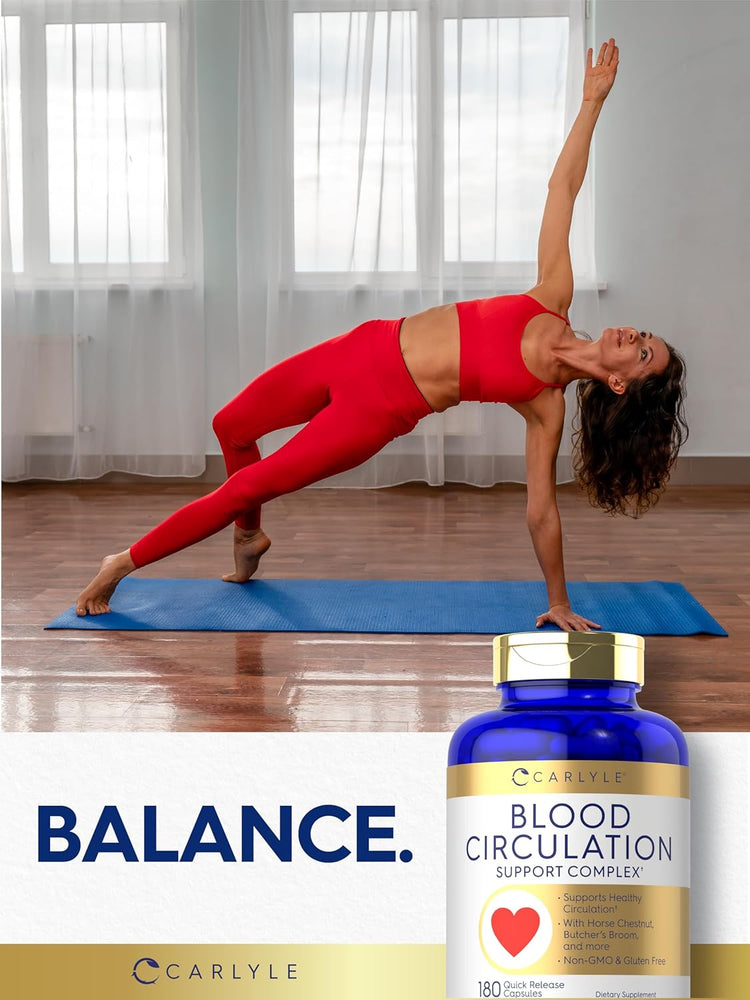 A woman doing a yoga side plank next to a Blood Circulation Support Complex bottle.