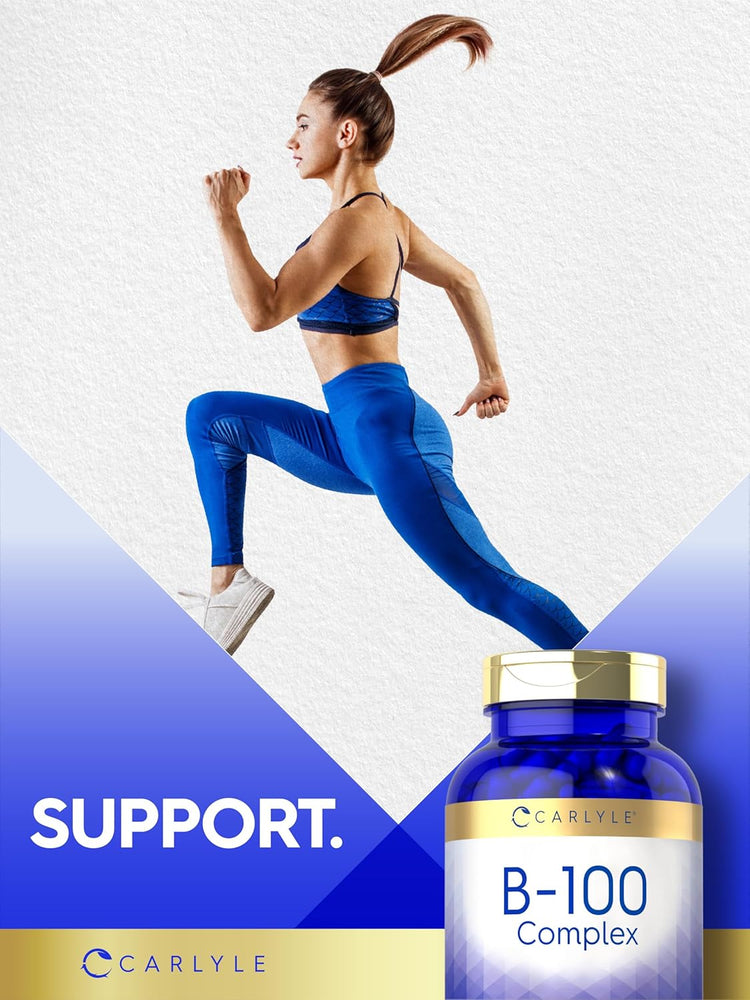 Young woman running in blue athletic wear next to 'SUPPORT.' text and Carlyle B-100 Complex bottle.