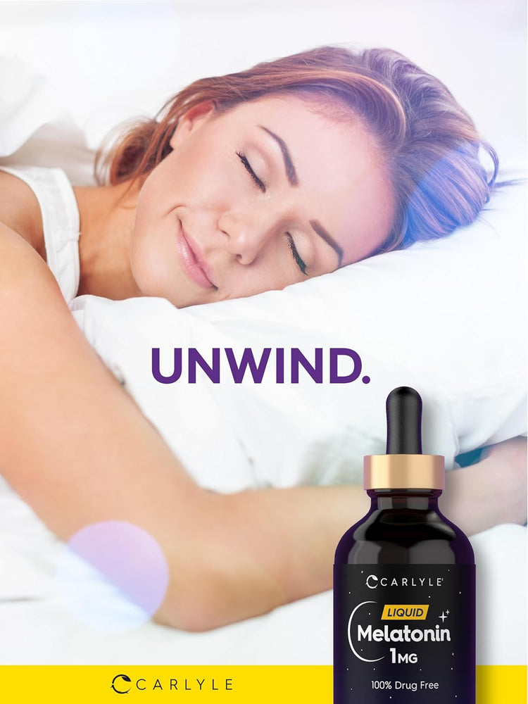 Carlyle Liquid Melatonin 1MG in a 4 fl oz bottle featuring a dropper for easy usage.