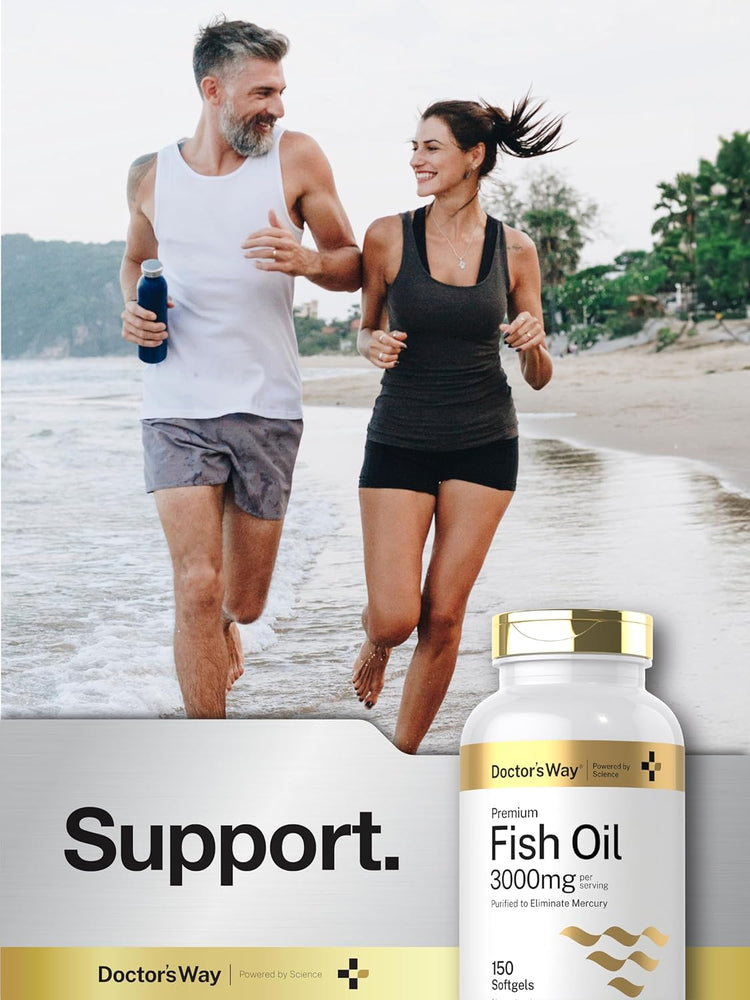 A man and woman running on a beach with a Doctor's Way Fish Oil bottle in view.