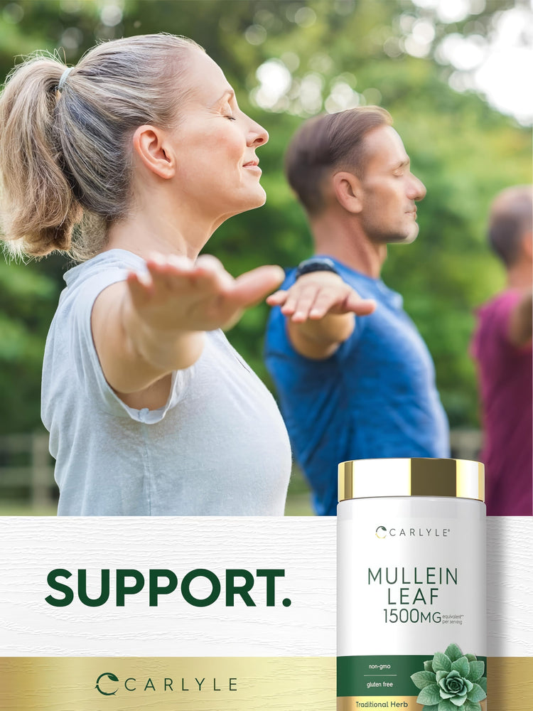 Middle-aged adults practice yoga outdoors near a Carlyle Mullein Leaf supplement bottle.