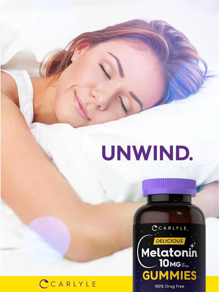 Young adult woman sleeps peacefully in bed with a bottle of Melatonin Gummies beside her.