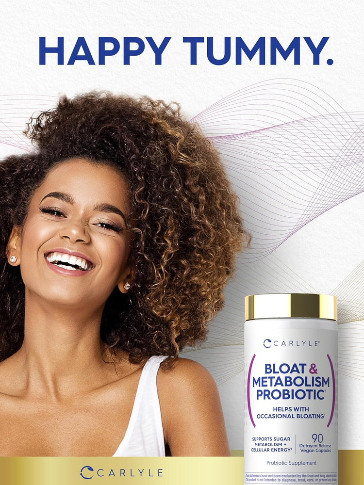 Carlyle Bloat & Metabolism Probiotic⁺ offers 90 vegan capsules with delayed release.