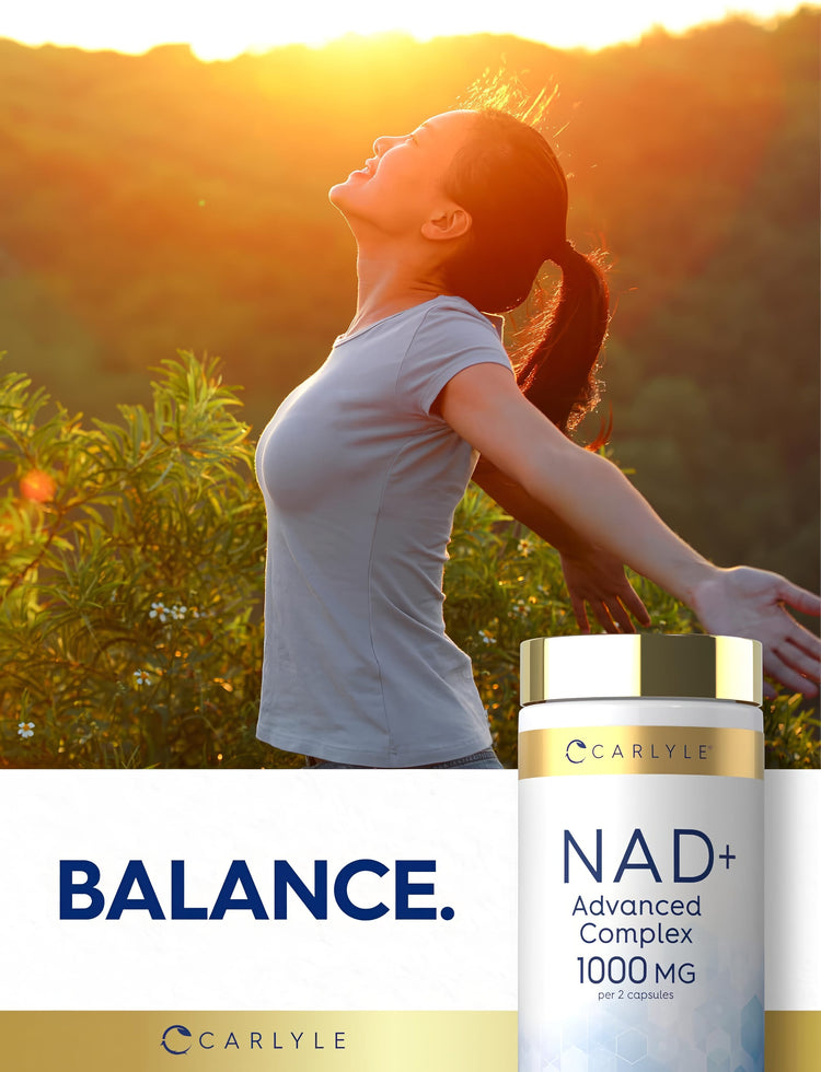 A woman outdoors smiling with arms outstretched next to a NAD Collagen Resveratrol bottle.