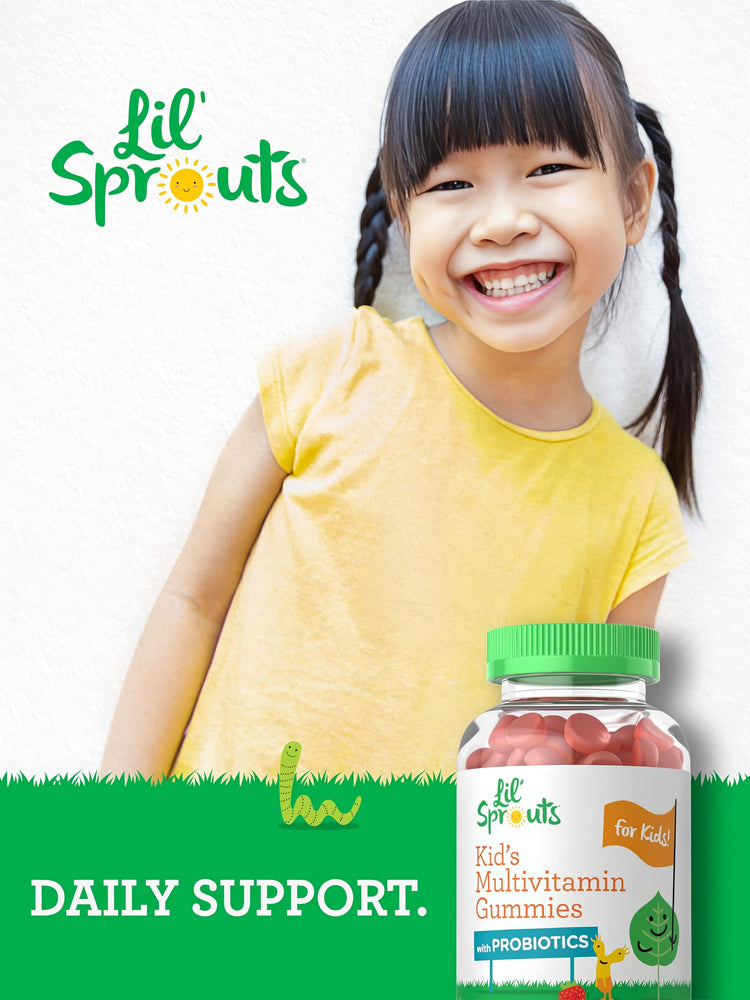 A young girl smiles while holding a Lil' Sprouts Kid's Multivitamin Gummies bottle.