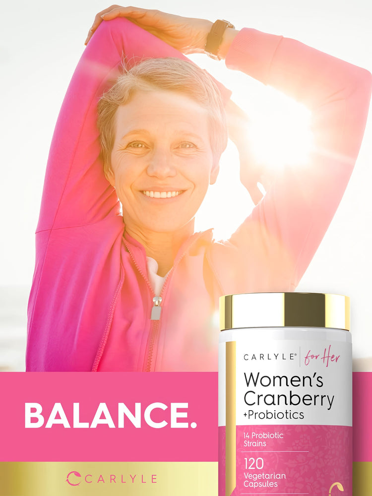 An older woman stretches outdoors next to a bottle of Women's Cranberry + Probiotics.